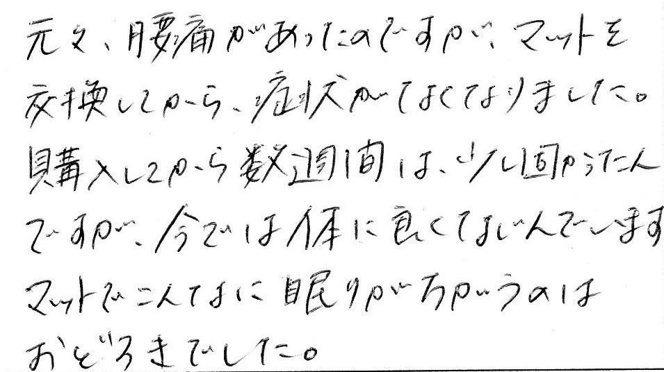 整圧敷布団感想　元々、腰痛があったのですが、マットを交換してから症状がなくなりました。マットでこんなに眠りが違うのは驚きでした。