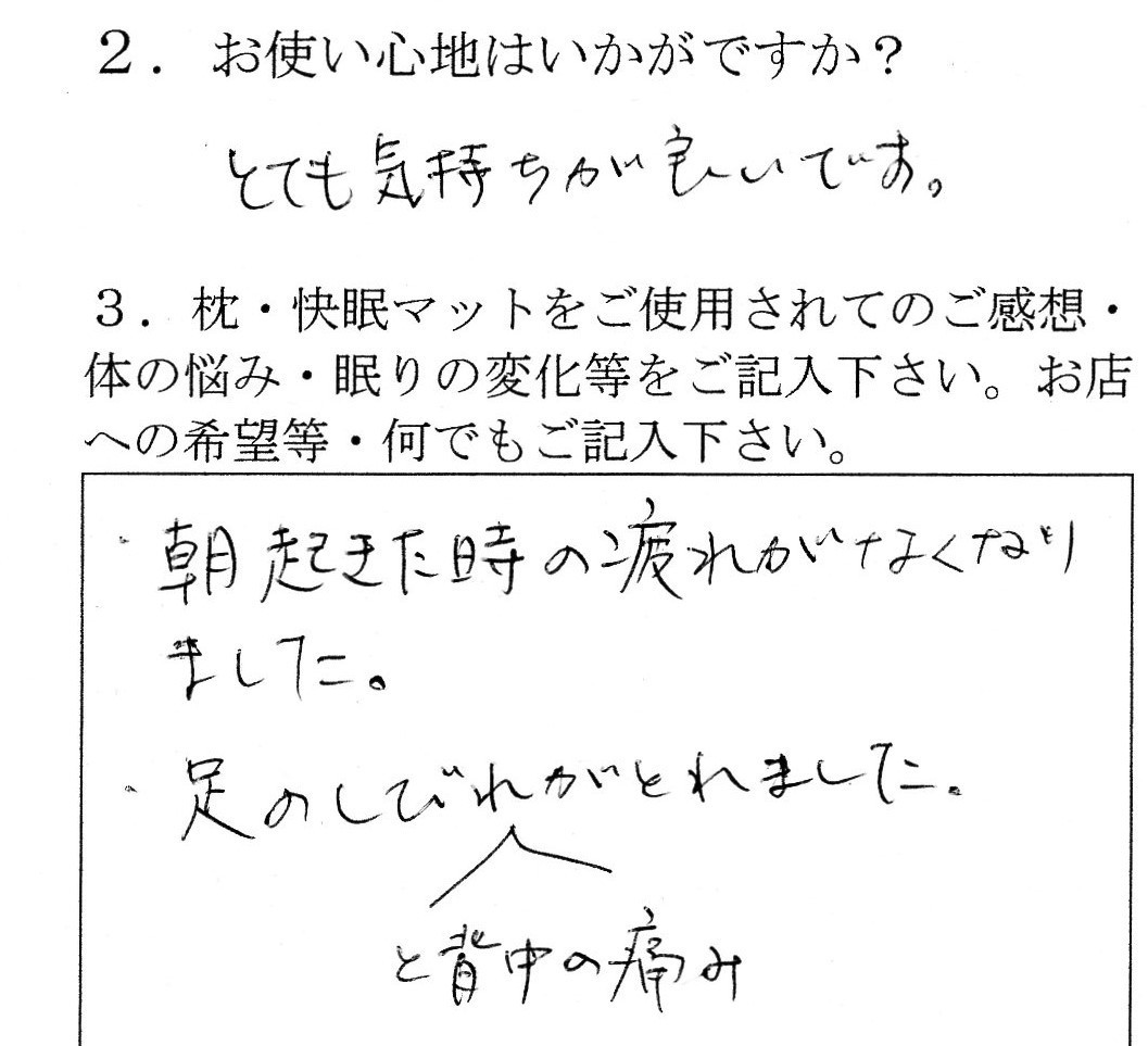 朝起きた時の疲れがなくなりました。足のしびれと背中の痛みが取れました。